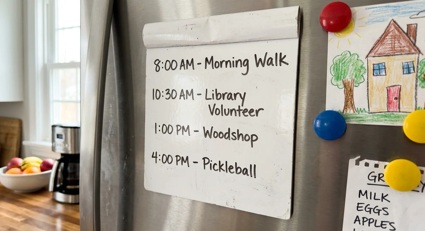 A close-up photo of a hand-written daily retirement routine on a kitchen refrigerator notepad.