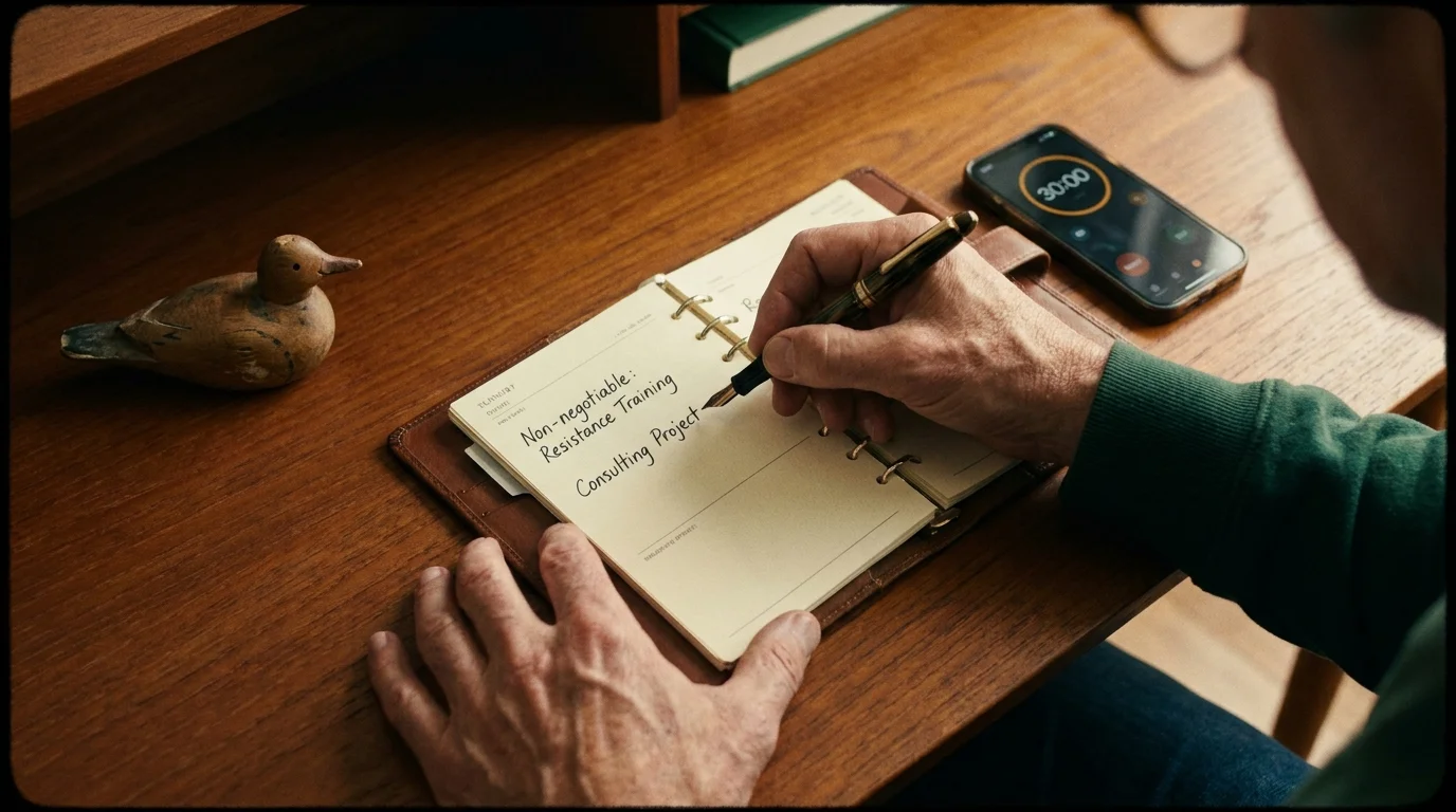 A close-up photo of hands writing 'Non-negotiable' tasks in a planner, symbolizing the intentionality needed to avoid retirement pitfalls.