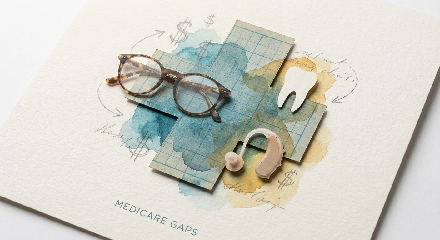 A collage showing a medical cross with icons of eyeglasses, teeth, and hearing aids representing gaps in insurance.