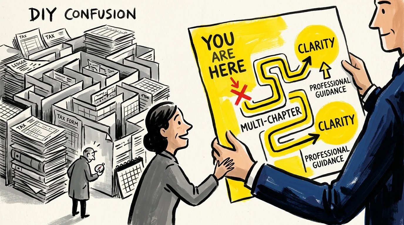 A conceptual illustration of a person being shown a clear path through a maze of paperwork, representing professional retirement guidance.