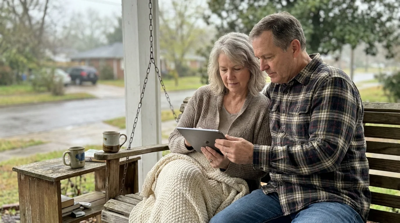 A couple sits together on a porch swing, looking at a tablet together in a moment of shared planning.