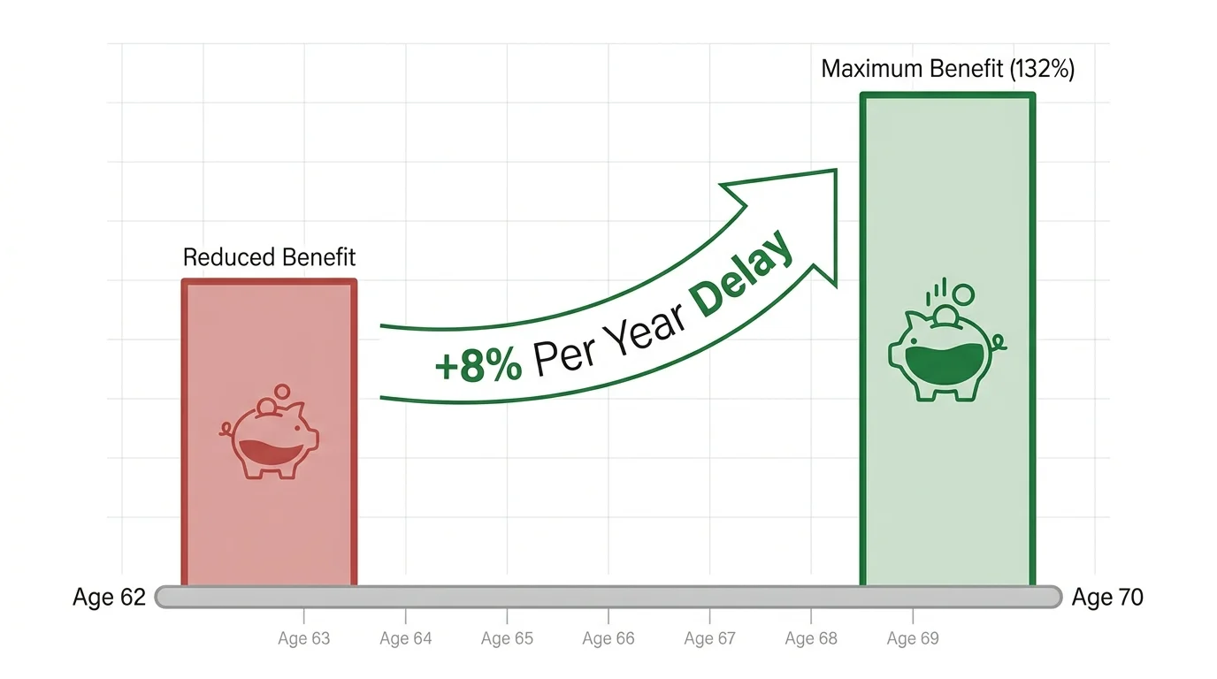 A diagram comparing Social Security benefits at age 62 versus age 70, showing the 8 percent annual increase for delaying.