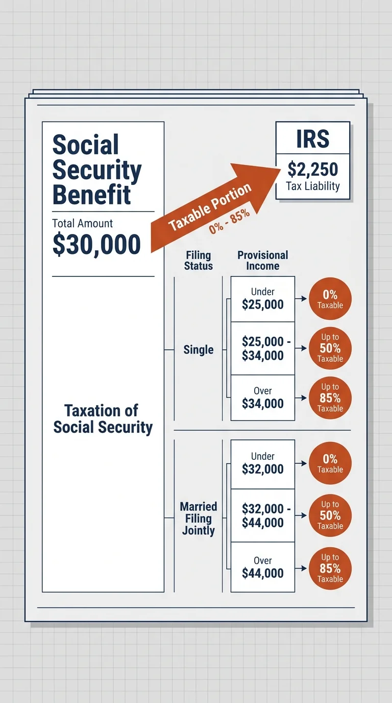 A diagram showing a portion of Social Security benefits being diverted to taxes based on income thresholds.
