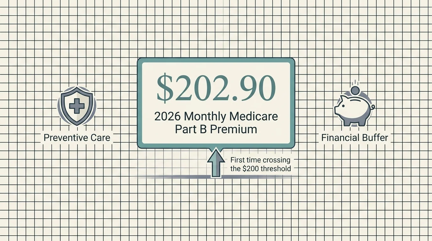 A financial diagram highlighting the $202.90 Medicare Part B premium for 2026, emphasizing the $200 threshold crossing.