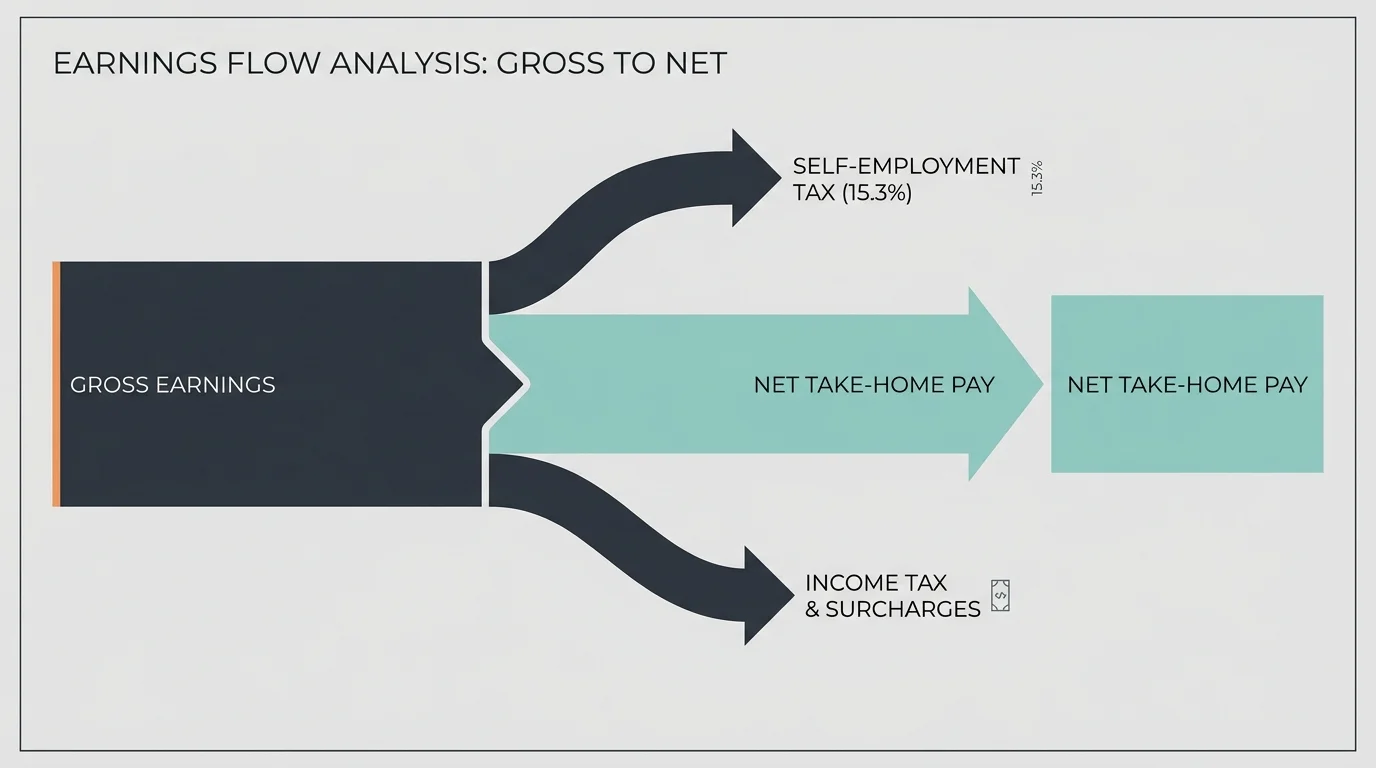 A flow diagram showing how gross earnings are divided into taxes and net take-home pay.