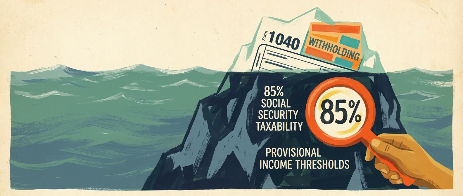 A gouache illustration of a tax form iceberg with 85% Social Security Taxability hidden below the water line.