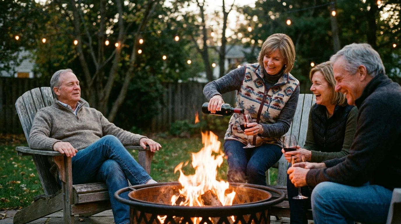 A group of friends in their 60s laughing together around a backyard fire pit at dusk.