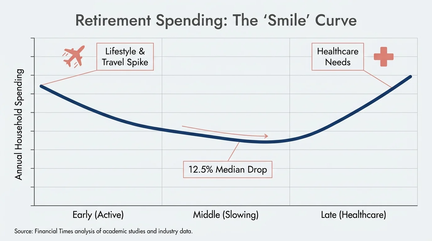 A line graph showing retirement spending starting high for travel, dipping in the middle, and rising again for healthcare.