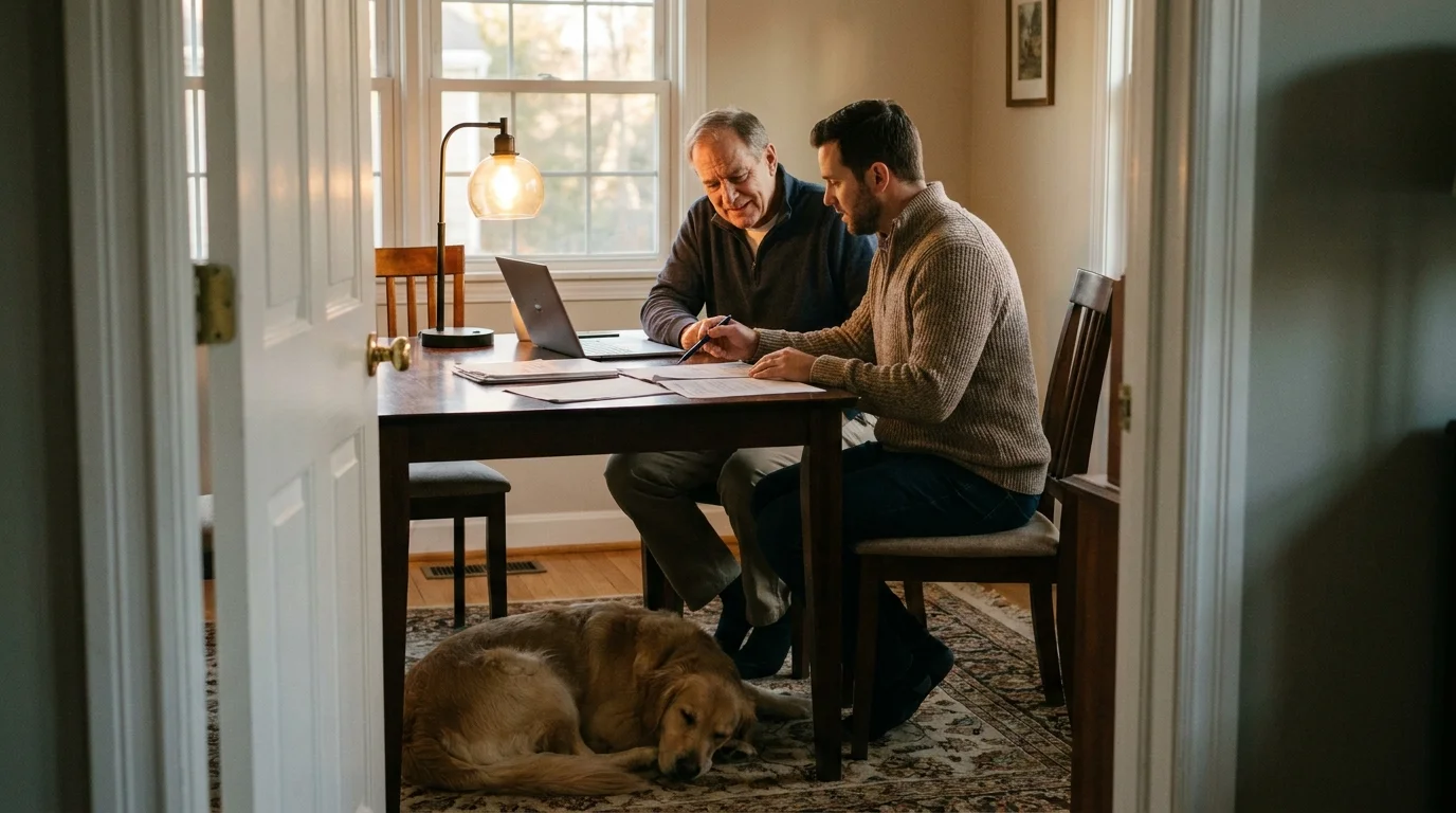 A man and an advisor sit at a dining table, reviewing paperwork together in a warm, comfortable home environment.