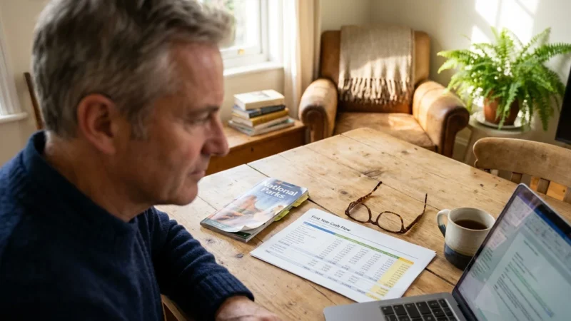 A man in a navy sweater looks at a retirement spreadsheet and travel brochures at his kitchen table in soft morning light.
