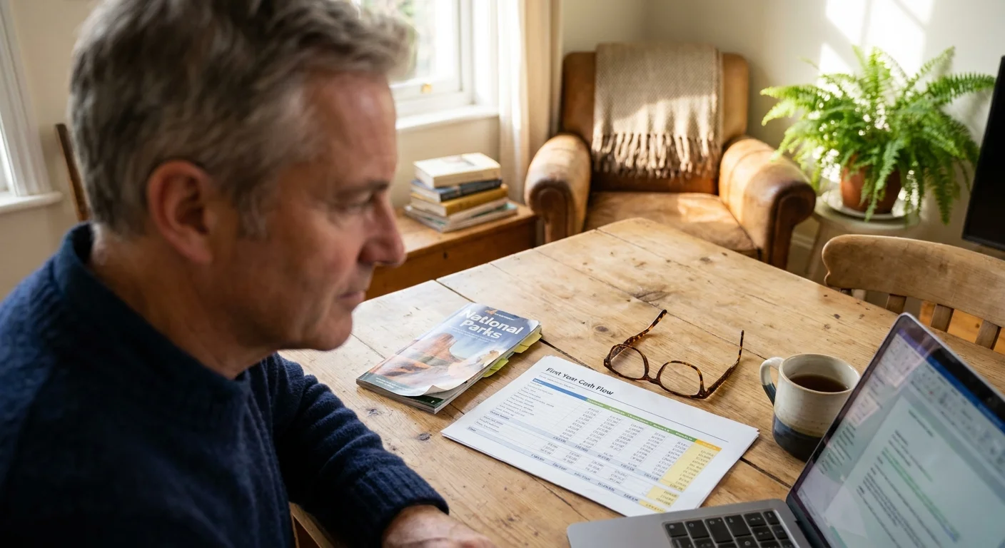A man in a navy sweater looks at a retirement spreadsheet and travel brochures at his kitchen table in soft morning light.