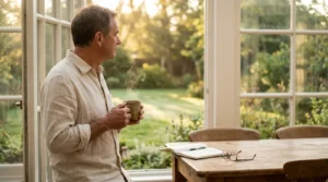 A man in his 60s looks out a window at sunrise, reflecting on his future in a peaceful, sunlit room.