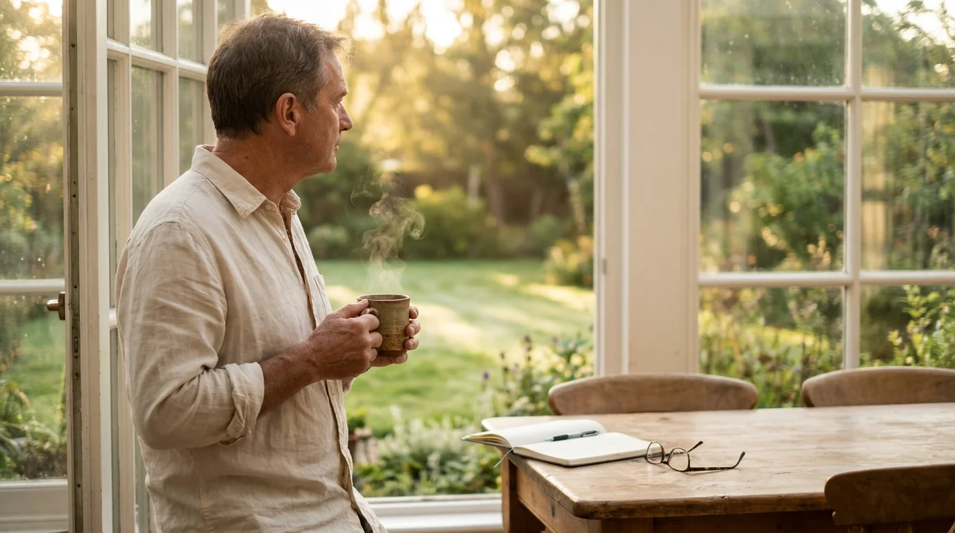 A man in his 60s looks out a window at sunrise, reflecting on his future in a peaceful, sunlit room.