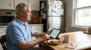 A man in his 60s plans his morning at a sunlit kitchen table, capturing the freedom of a modern retirement routine.