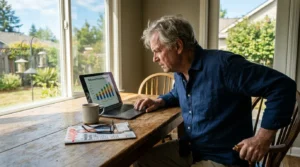 A man in his 60s working on a laptop at his kitchen table in the morning sun, blending retirement leisure with focused work.