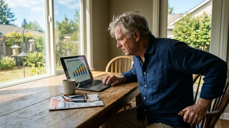 A man in his 60s working on a laptop at his kitchen table in the morning sun, blending retirement leisure with focused work.