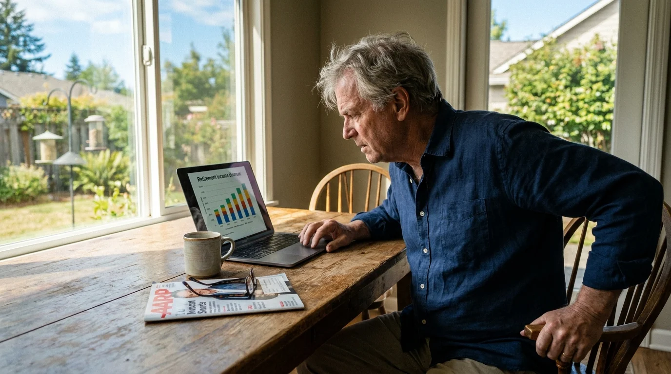 A man in his 60s working on a laptop at his kitchen table in the morning sun, blending retirement leisure with focused work.