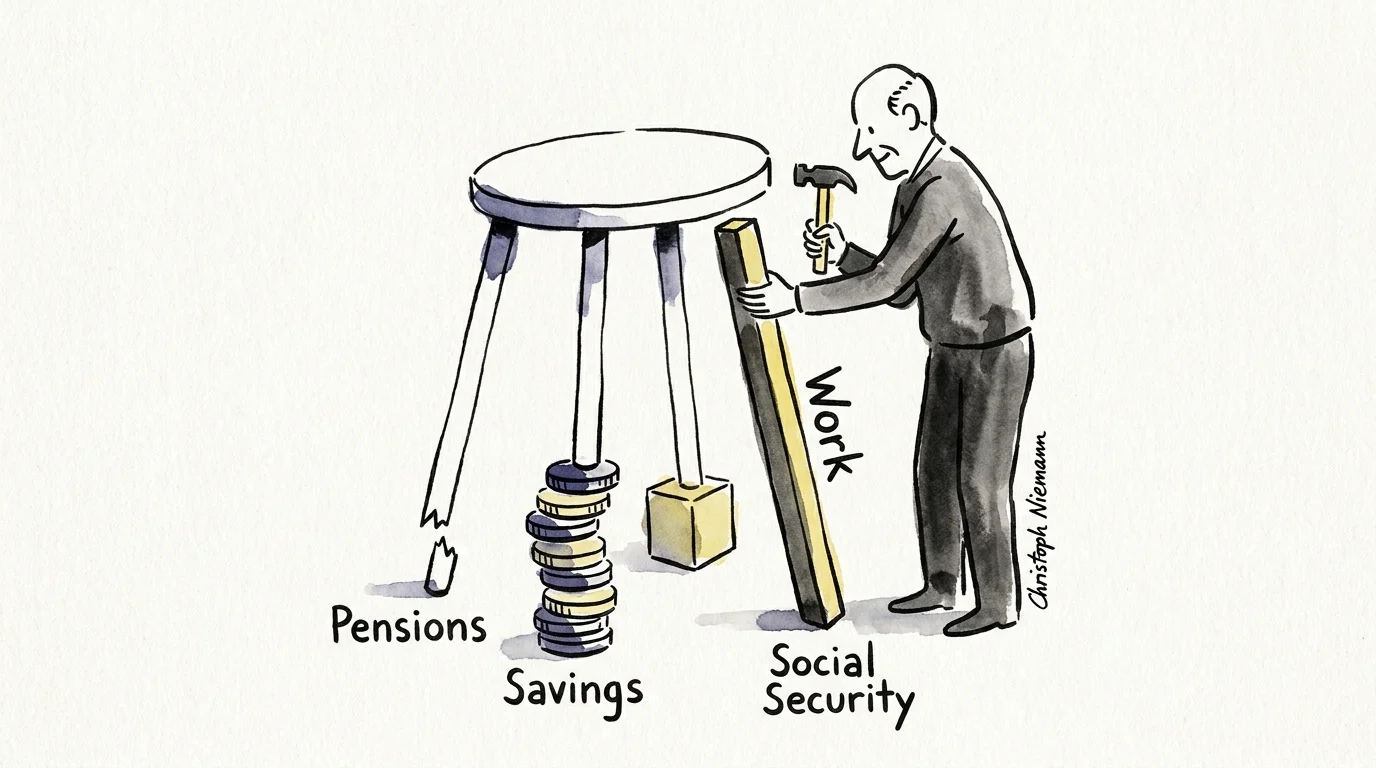 A minimalist watercolor illustration of a person adding a new 'Work' leg to a wobbly three-legged retirement stool.