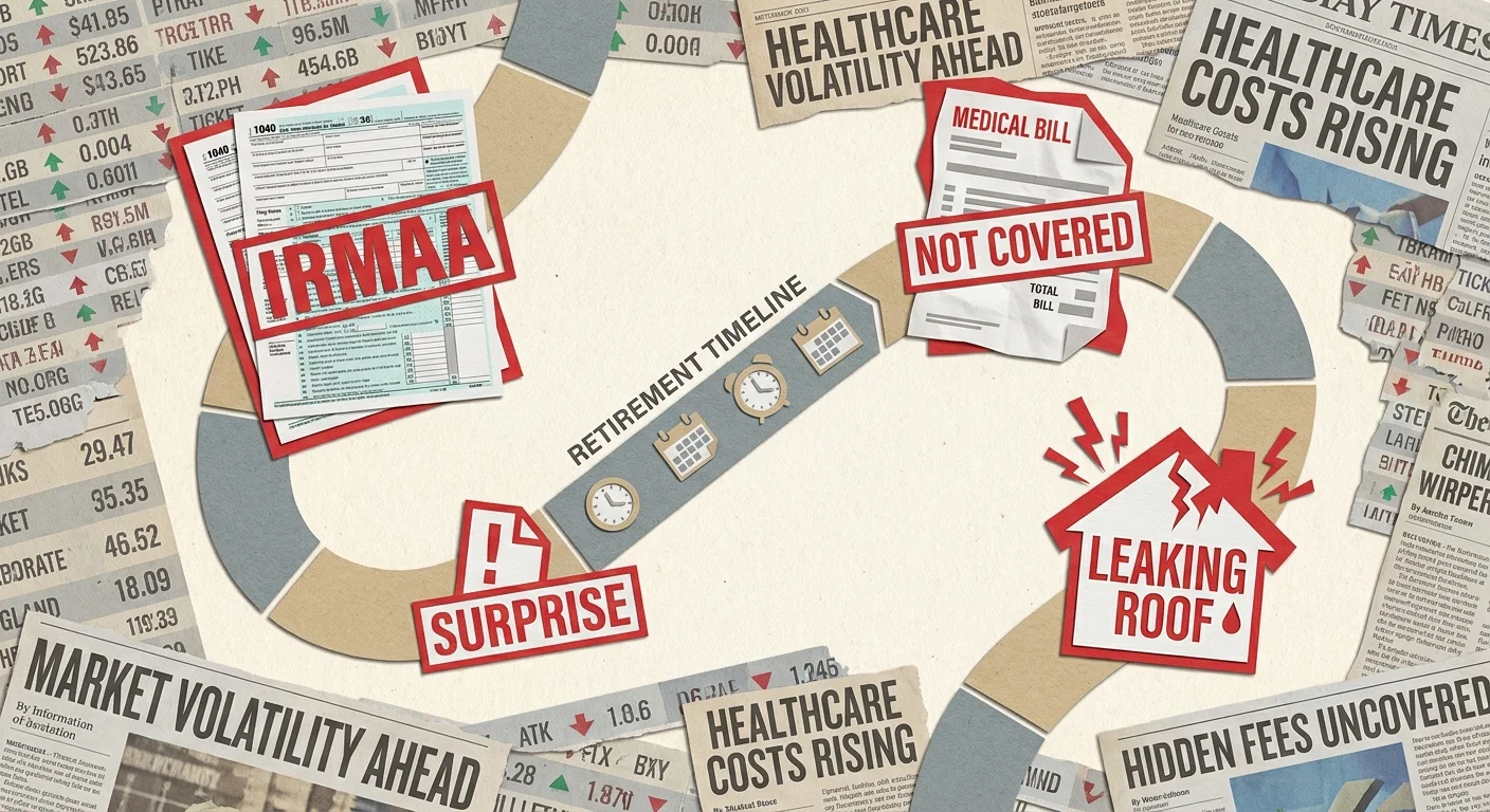 A paper-craft map of a retirement path with red warning icons representing different financial pitfalls.