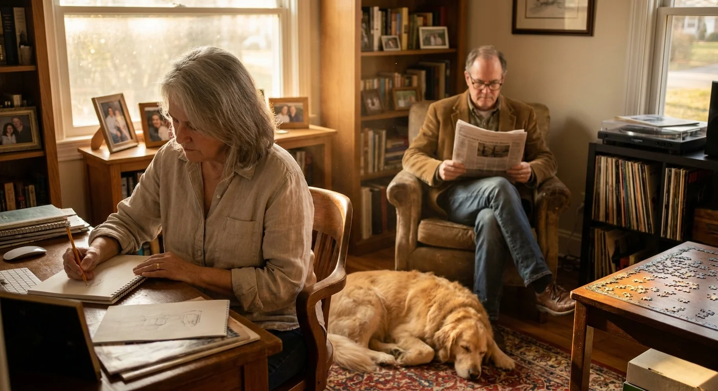 A retired couple enjoying separate hobbies in the same sunlit room, showing a new daily social dynamic.