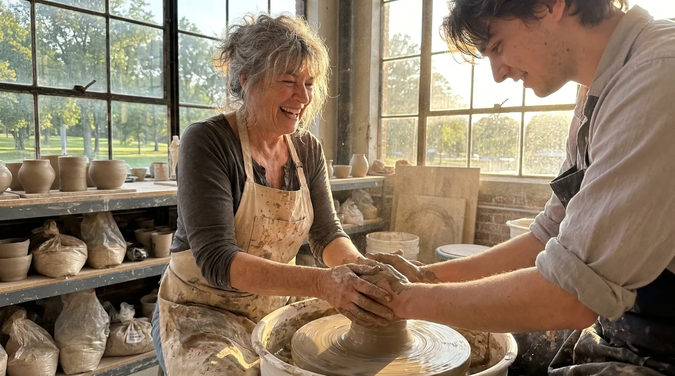 A retiree laughs while teaching pottery in a sunlit community studio, illustrating social engagement in retirement.