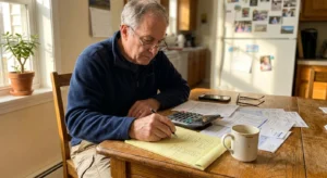 A retiree sitting at his kitchen table in the afternoon sun, reviewing financial documents and a calculator.