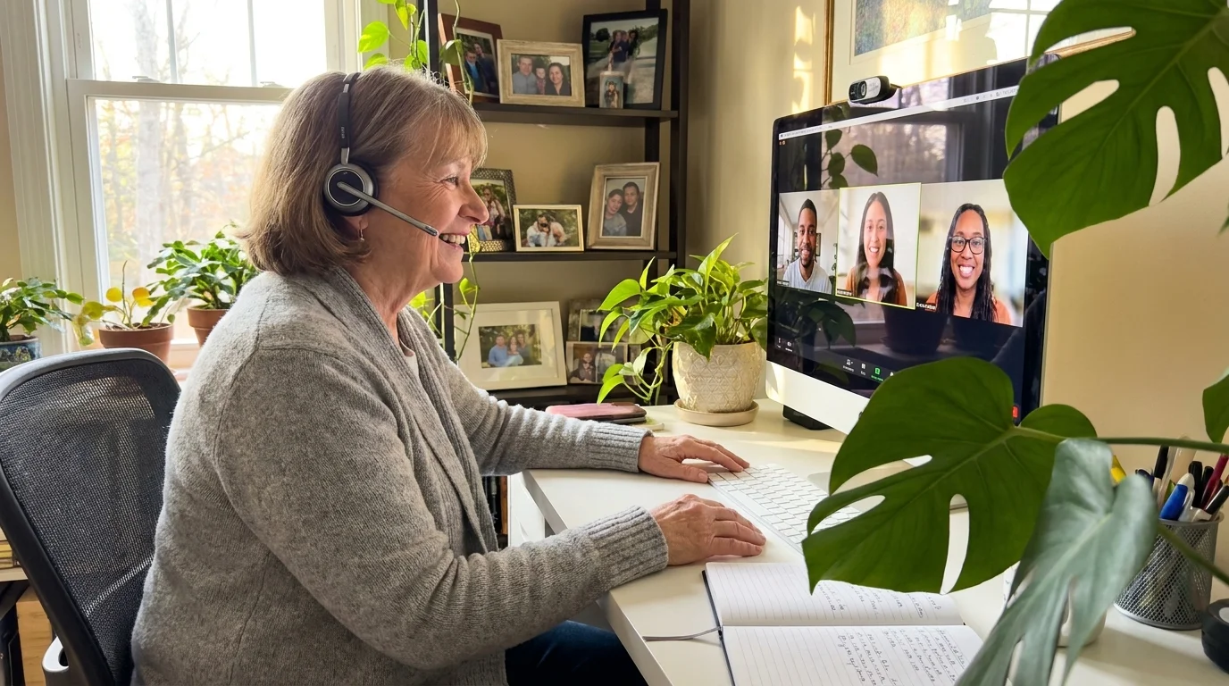 A retiree wearing a headset participates in a video conference from her comfortable, plant-filled home office.
