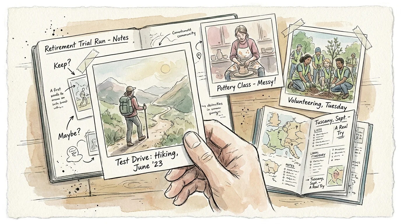 A sketchbook-style illustration showing various snapshots of retirement activities like hiking and pottery.