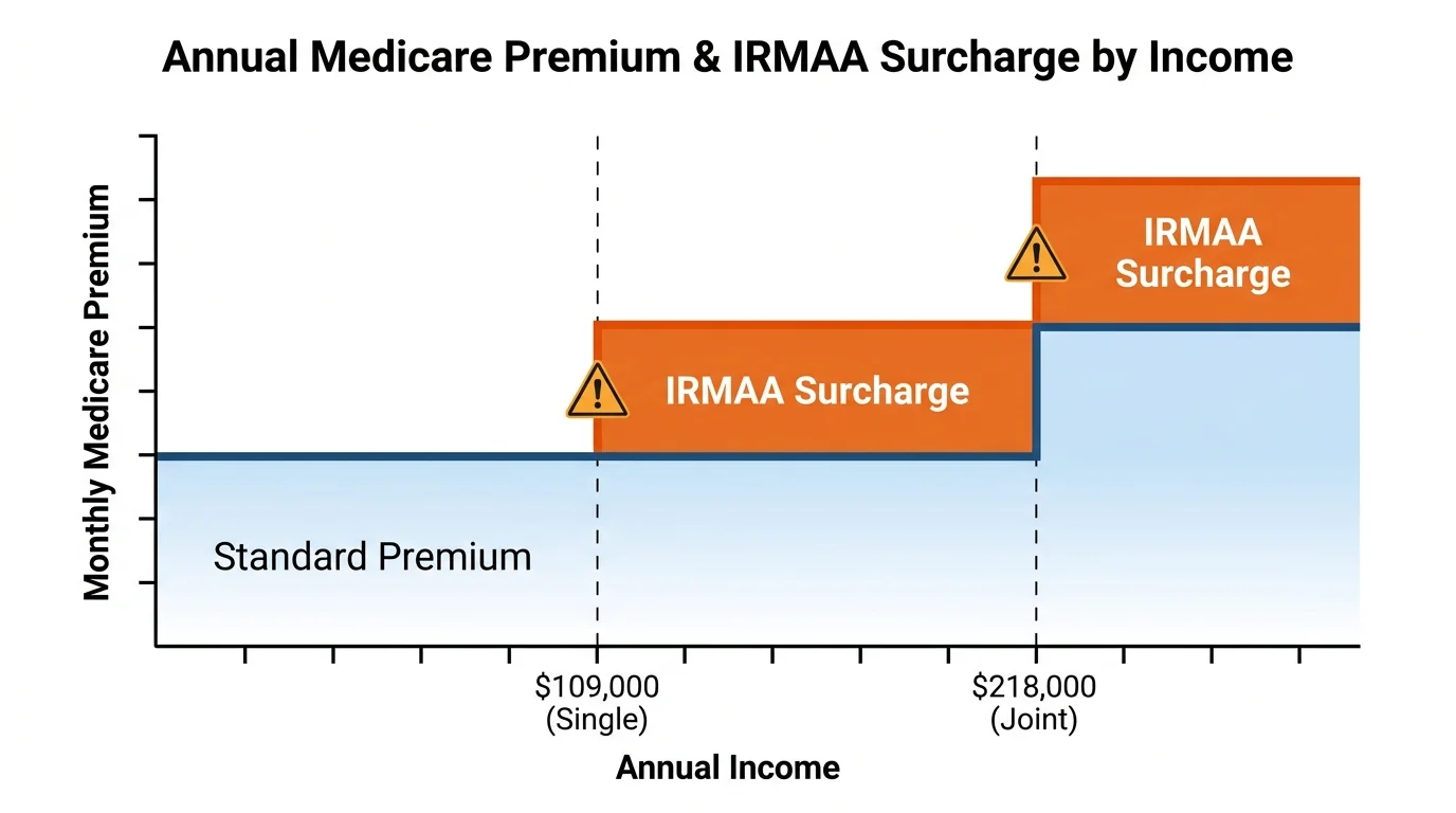 A step chart showing how Medicare premiums jump at the $109,000 and $218,000 income thresholds.