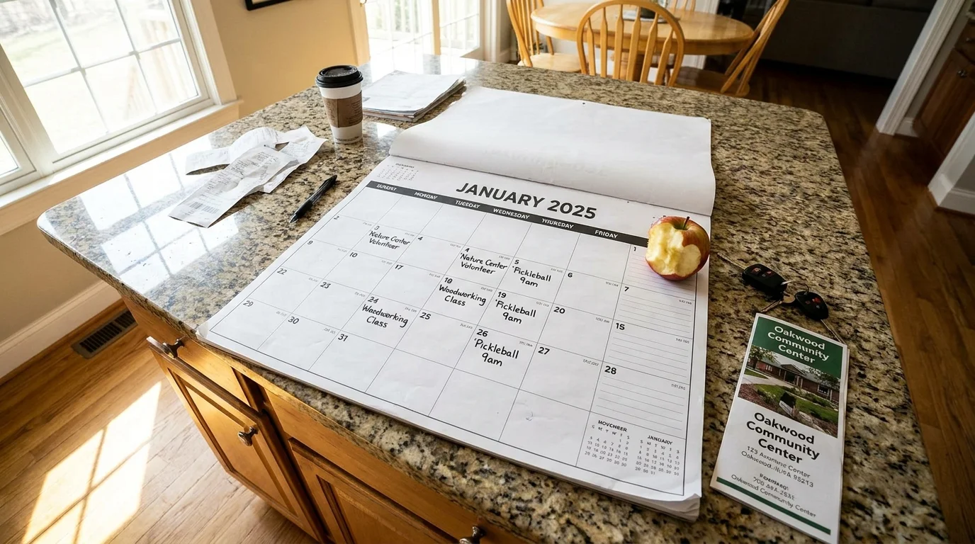 A top-down photo of a kitchen counter with a calendar filled with retirement activities and a community brochure.