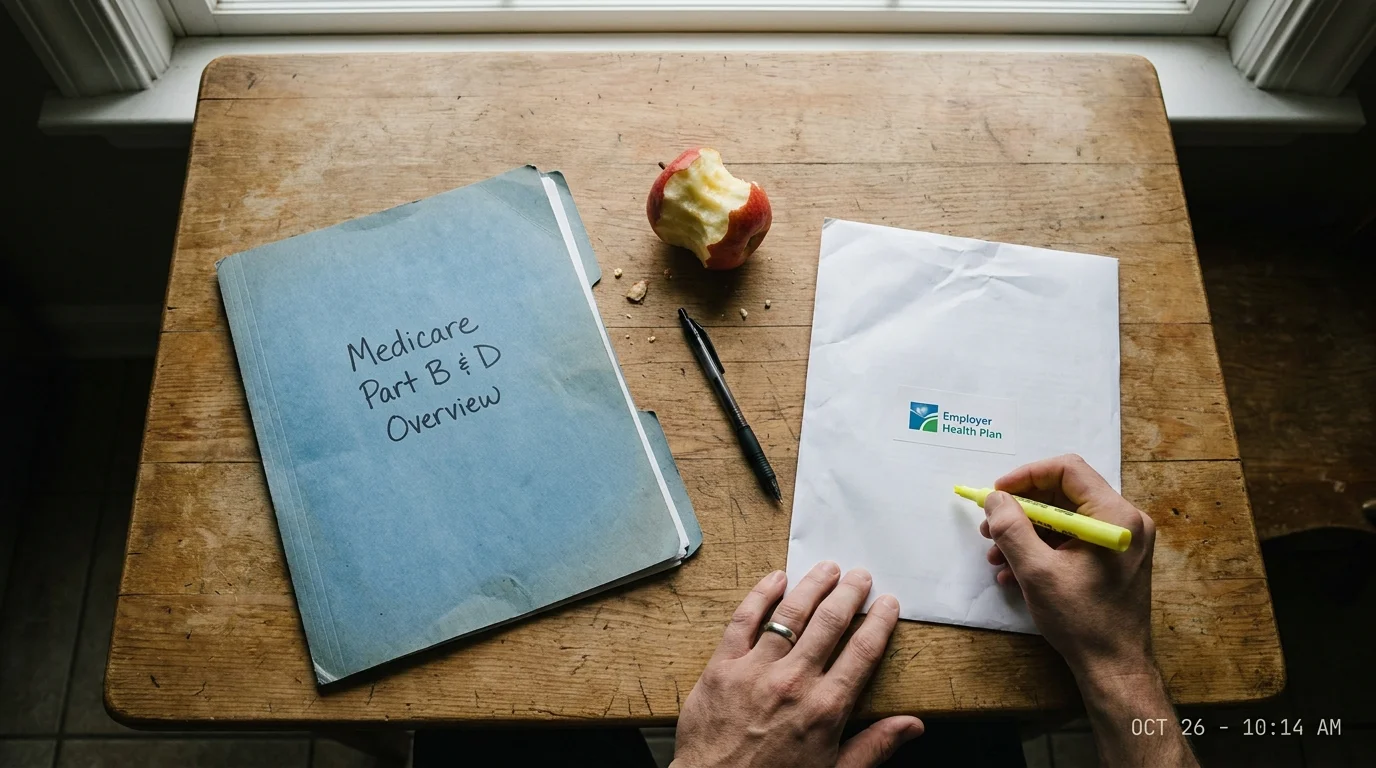 A top-down view of Medicare and employer health plan documents on a wooden table with a pen and highlighter.