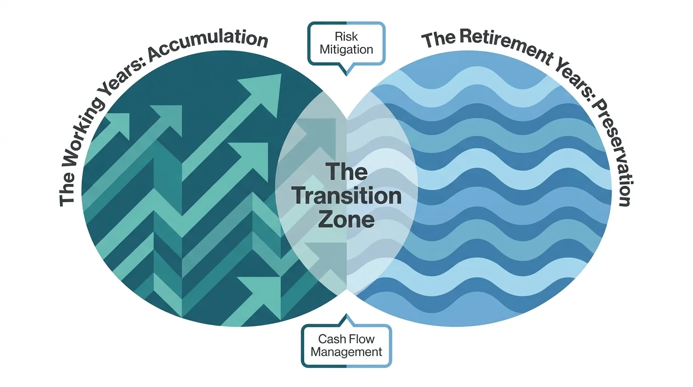 A Venn diagram showing the overlap between the 'Accumulation' phase of working years and the 'Preservation' phase of retirement.