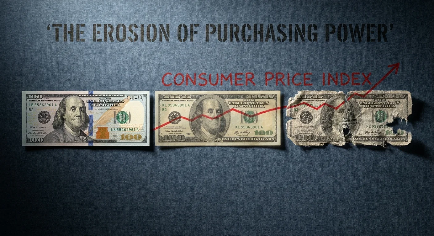 A visual representation of inflation showing $100 bills becoming increasingly tattered and transparent over time.