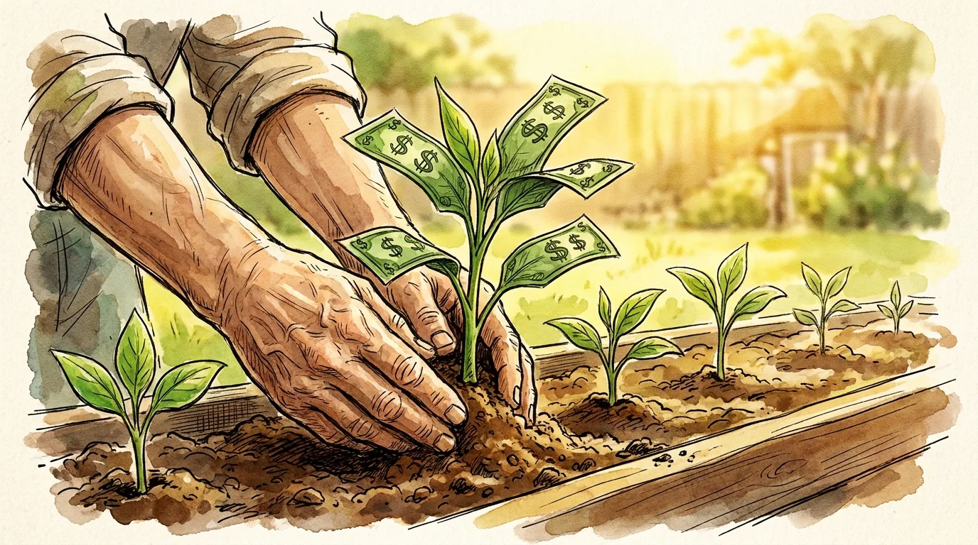 A watercolor illustration of older hands tending to a growing plant with leaves shaped like dollar signs.