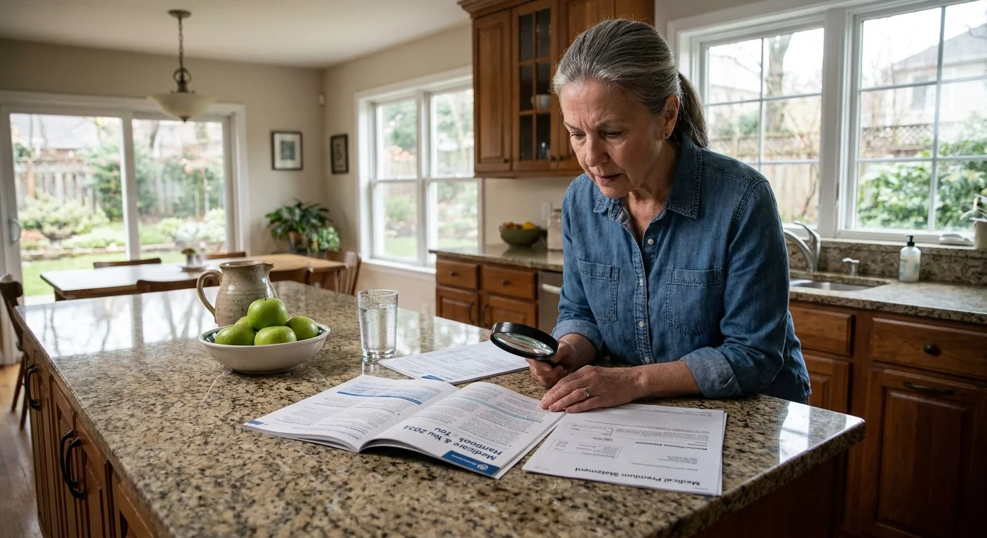 A woman in a denim shirt reviews a Medicare handbook and medical bills at her kitchen island in natural light.