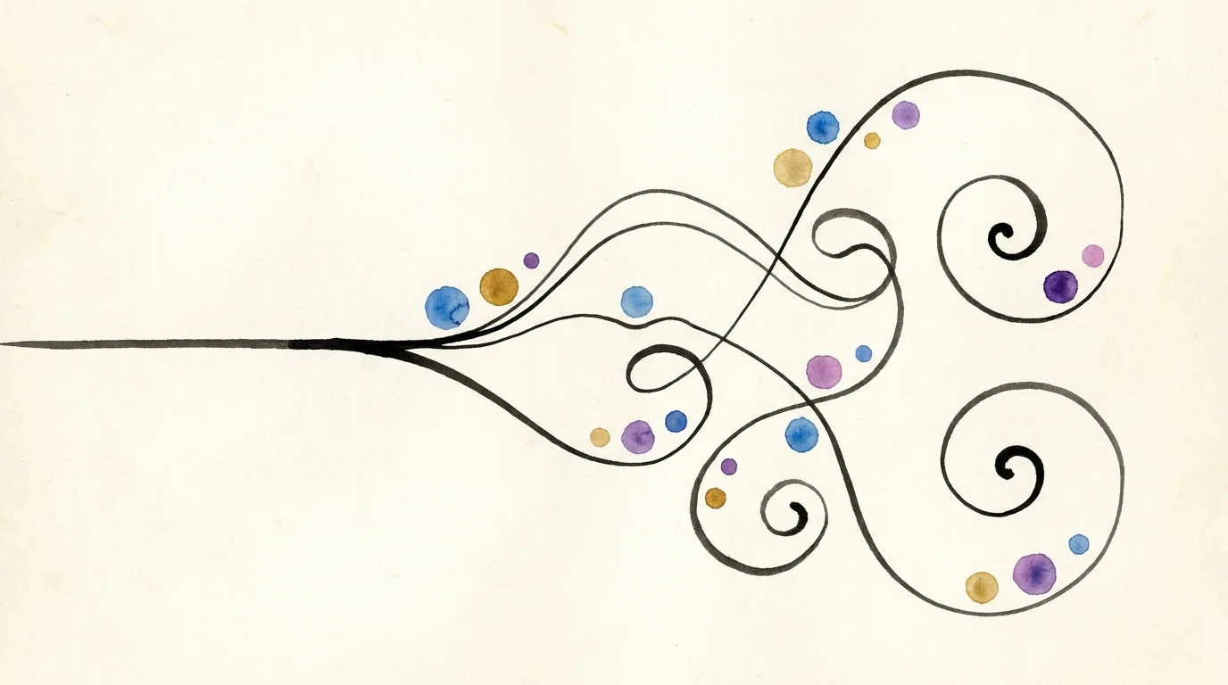 An abstract line drawing showing a rigid line turning into graceful, flowing curves with colorful circles.