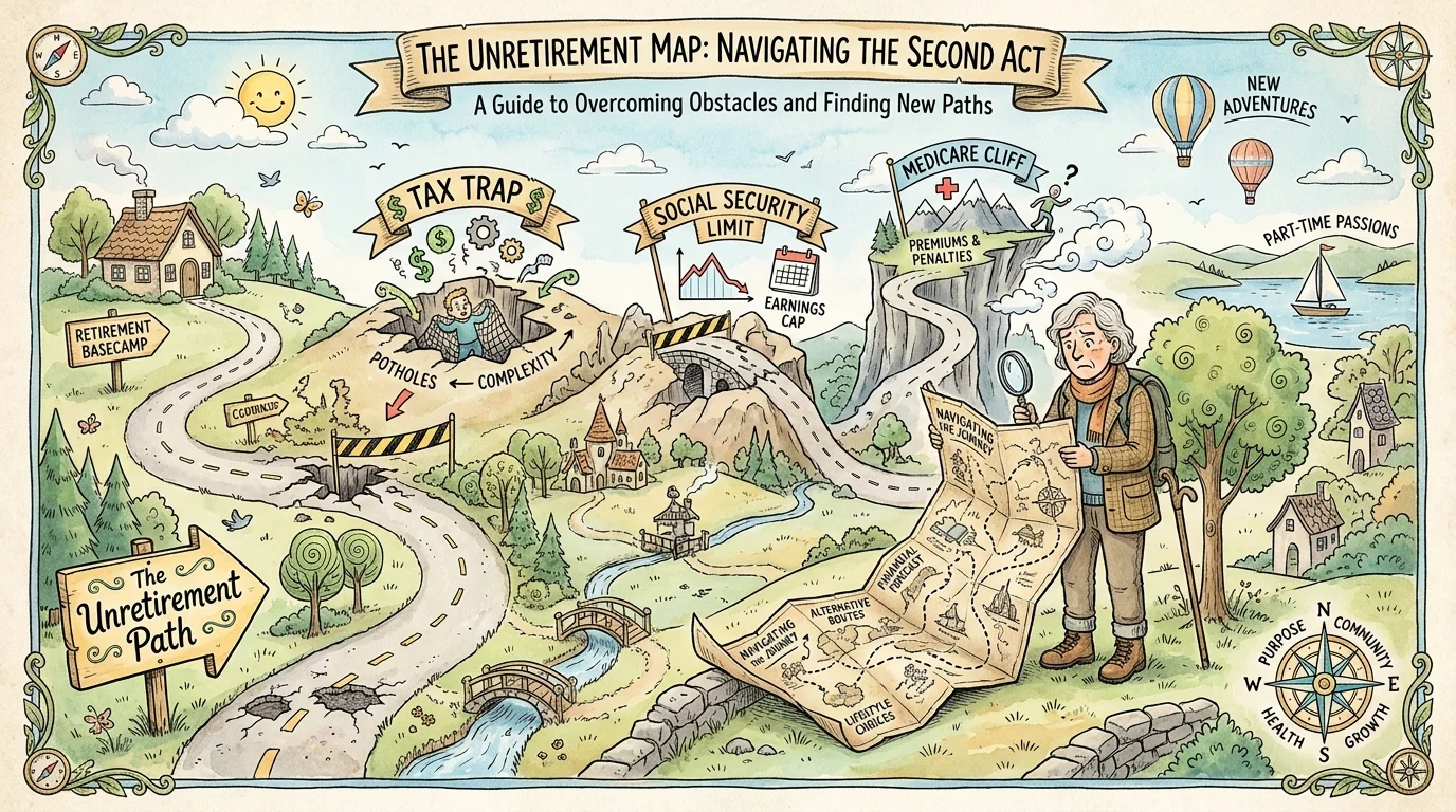 An illustrated map of a winding road with obstacles labeled 'Tax Trap' and 'Medicare Cliff'.