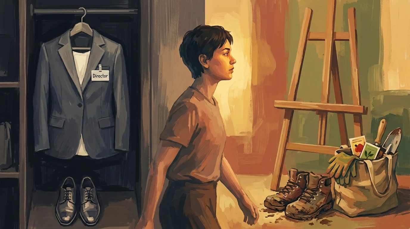 An illustration of a closet split between a professional suit and hobby gear like an easel and hiking boots.