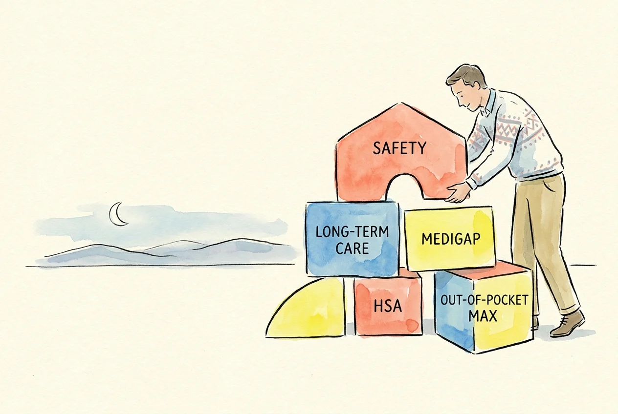 An illustration of a person building a wall out of blocks labeled Medigap, HSA, and Long-Term Care.