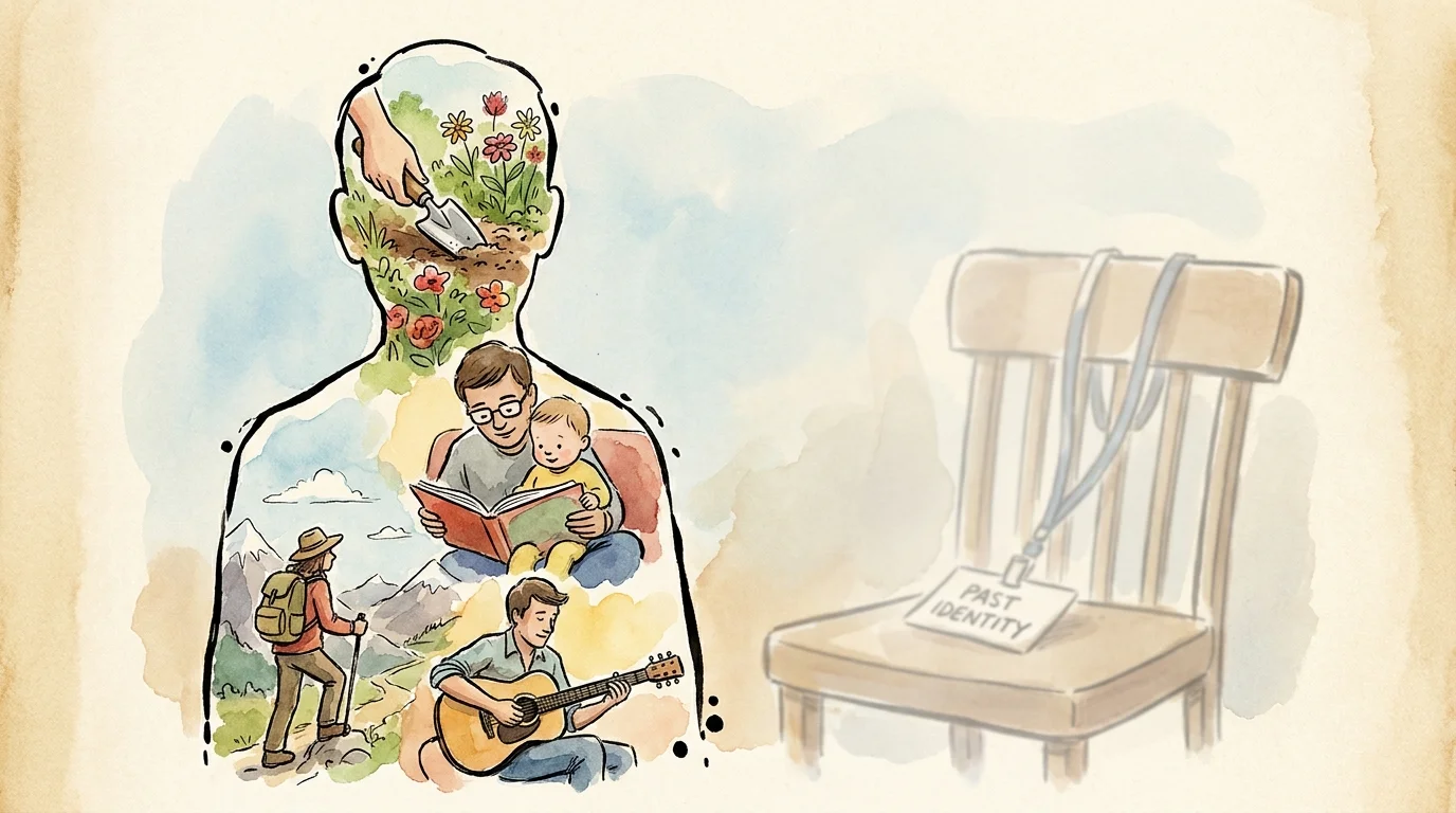 An illustration of a person's silhouette filled with scenes of gardening, family, and hobbies, representing a rich personal identity.