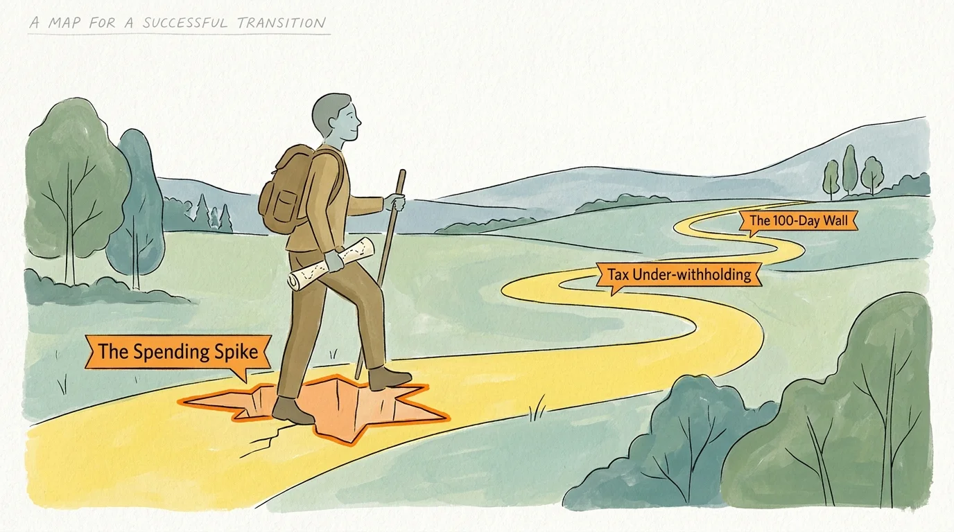 An illustration of a retiree stepping over path obstacles labeled Spending Spike and Tax Under-withholding.