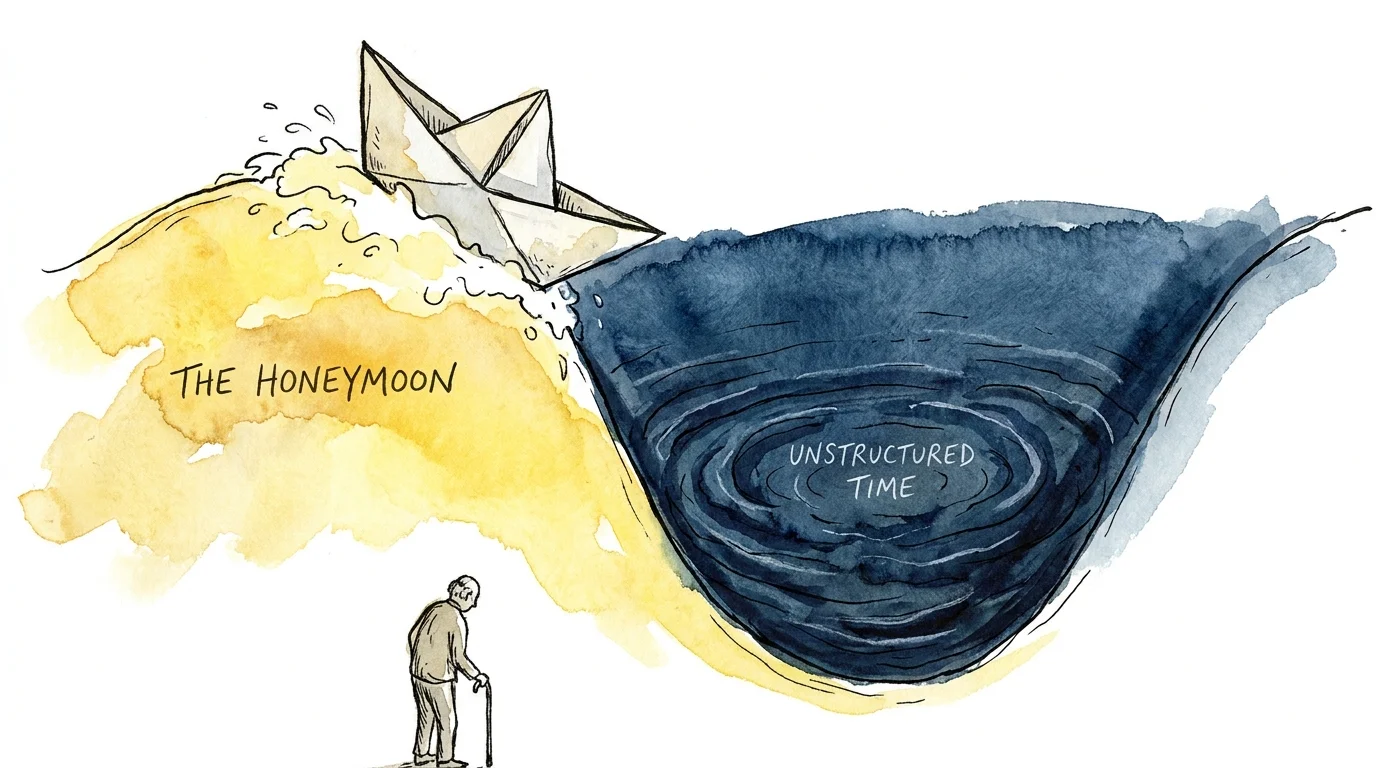 An illustration of a small boat on a wave transitioning from bright yellow to deep blue, symbolizing the retirement honeymoon phase.