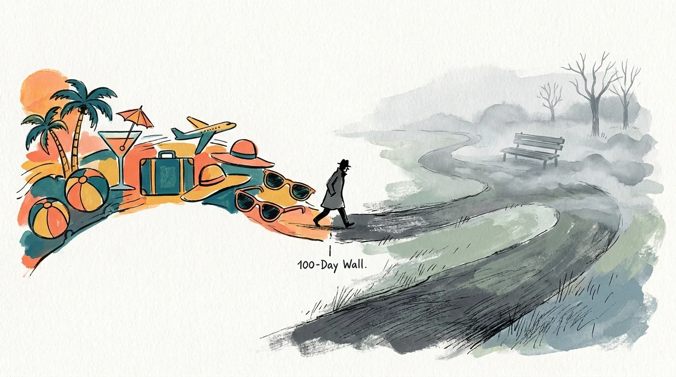 An illustration showing a colorful bridge of vacation items turning into a quiet, grey park path with the label 100-Day Wall.