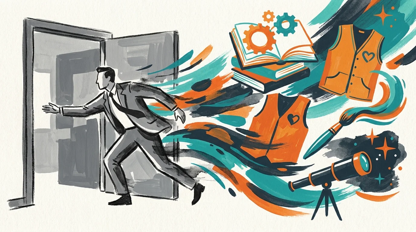 An illustration showing a person eagerly stepping away from a gray office toward a colorful world of hobbies and goals.