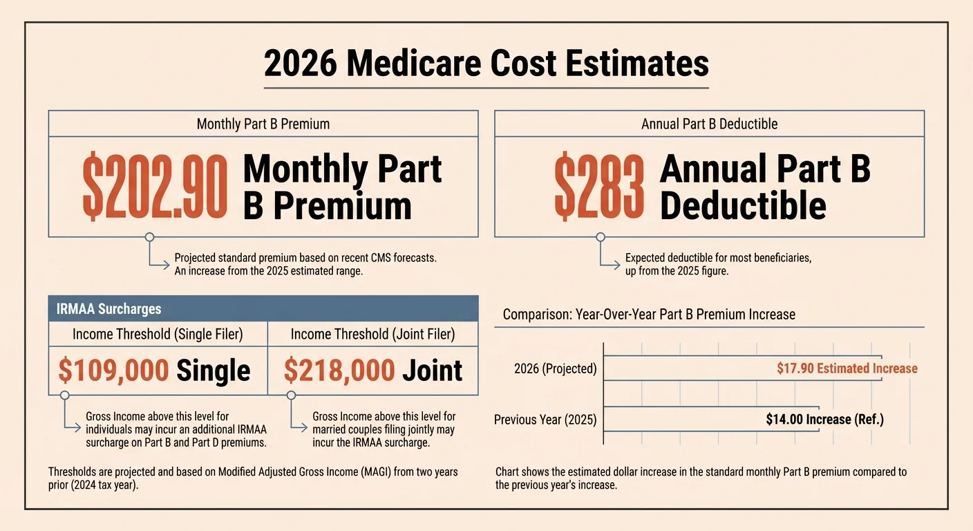 An infographic showing the 2026 Medicare Part B premium of $202.90 and the $283 annual deductible.