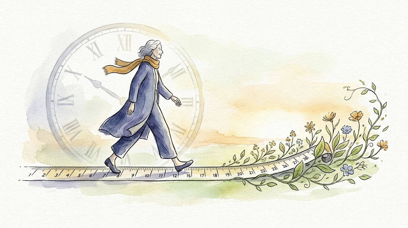 An ink and watercolor illustration of a person walking along a measuring tape that turns into a garden, symbolizing extended healthspan.