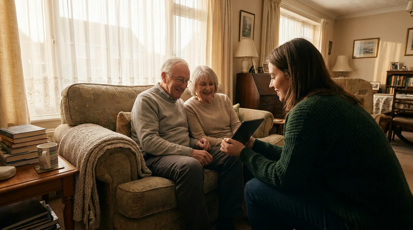 An older couple talking with a financial advisor in a casual, comfortable living room setting.