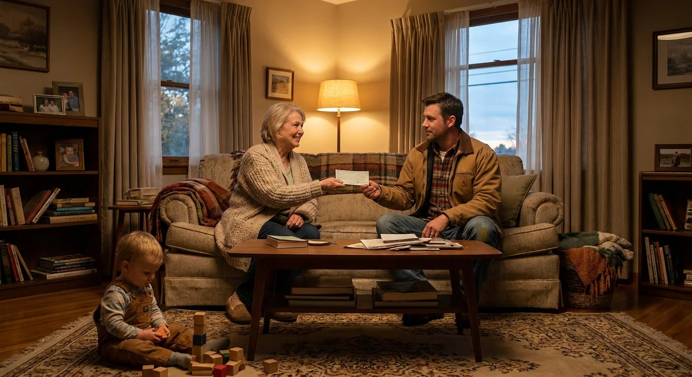 An older woman handing a check to her adult son in a cozy living room while a grandchild plays nearby.