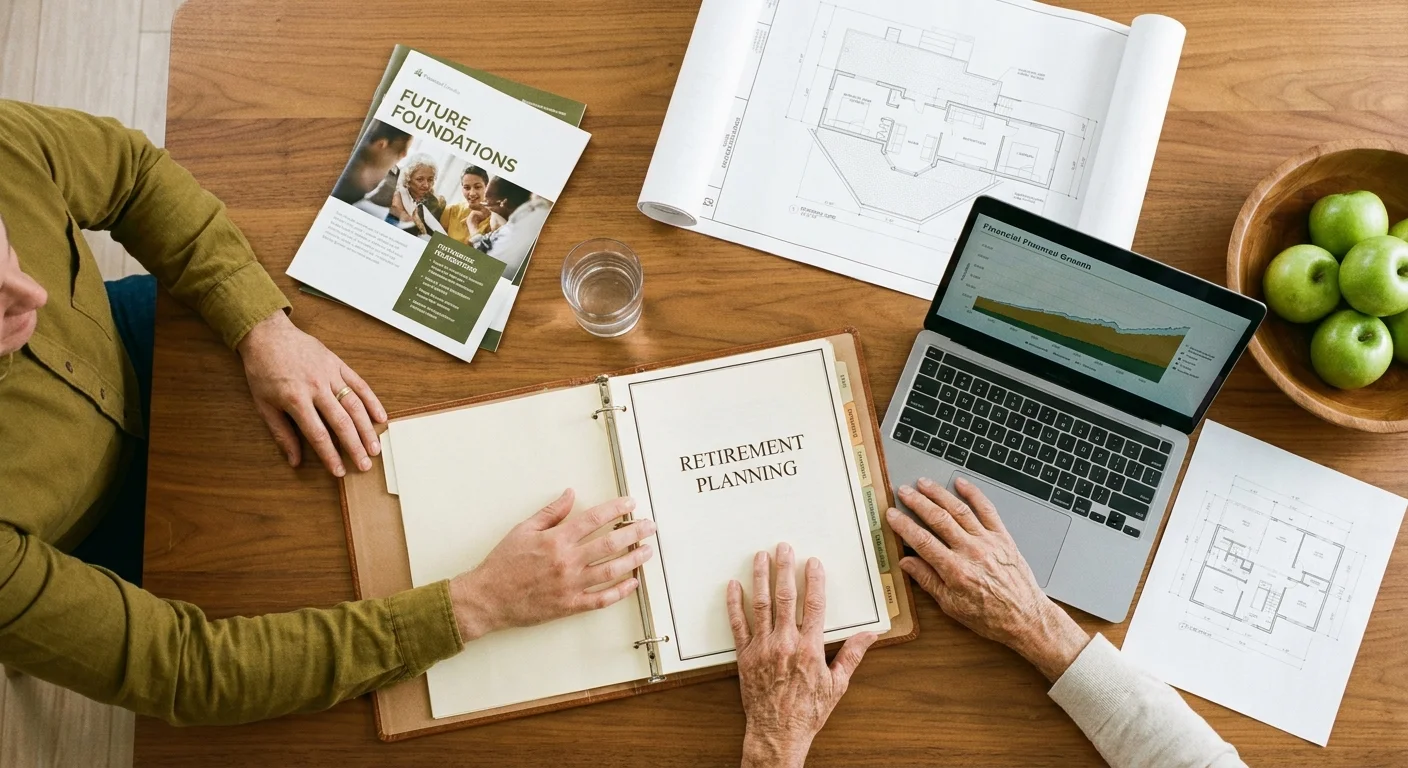 An overhead view of an older couple and a professional working together over financial planning documents at a table.