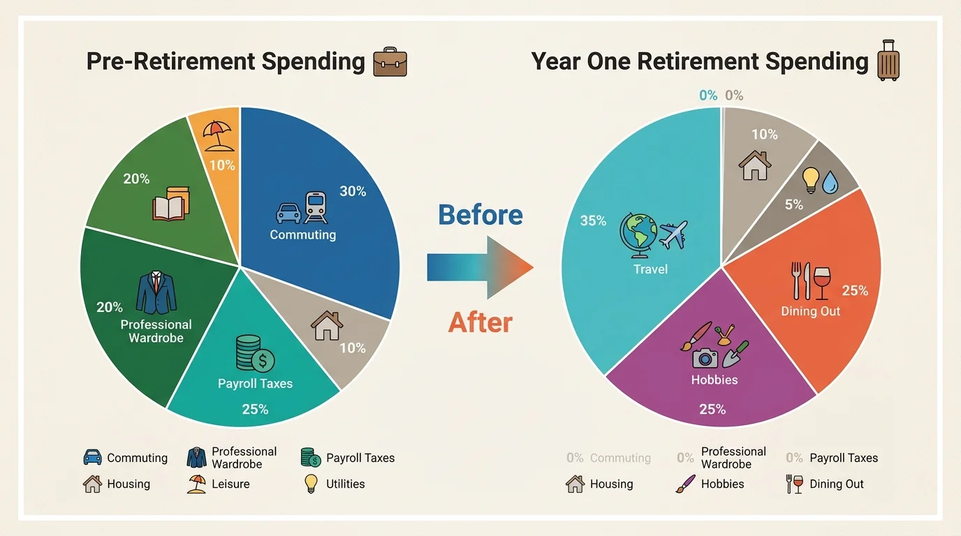 Two side-by-side pie charts showing how spending shifts from work-related costs to travel and hobbies in retirement.